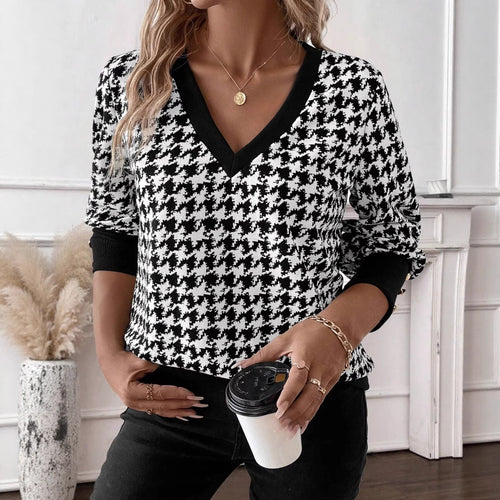 Damen nan V-Ausschnitt Strickpullover mit Hahnentrittmuster und gerippten Bündchen Drune