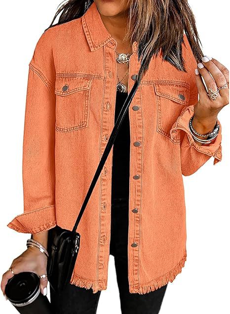 Damen Oversize Jeanshemdjacke mit Fransen und Brusttaschen Drune