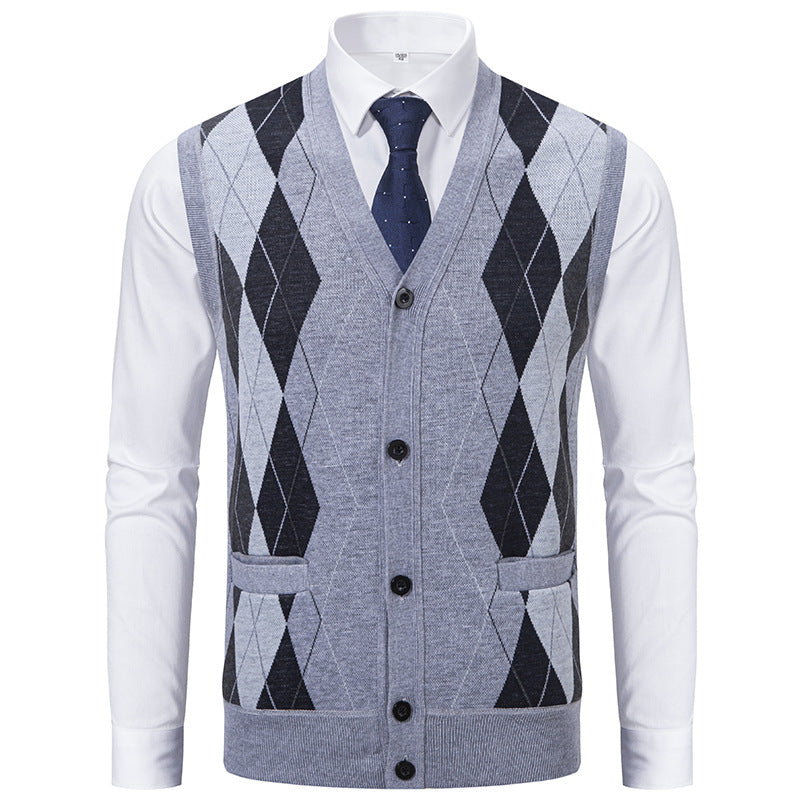 Herren Ärmellose Strickweste mit Rauten‑Muster, V‑Ausschnitt und Knopfleiste Drune