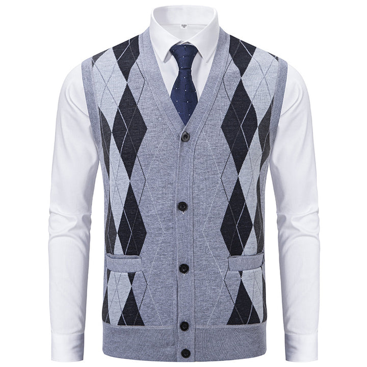 Herren Ärmellose Strickweste mit Rauten‑Muster, V‑Ausschnitt und Knopfleiste Drune