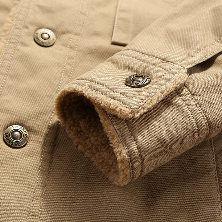 Herren nan robuste Canvas-Arbeitsjacke mit komplettem Sherpa-Innenfutter, verdeckter Druckknopfleiste und funktionalen Brust- und Eingrifftaschen Drune