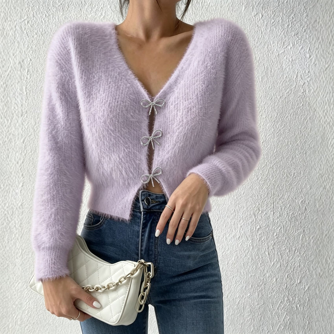 Damen Flauschiger Cropped-Cardigan mit V-Ausschnitt und Schleifen‑Verschlüssen Drune