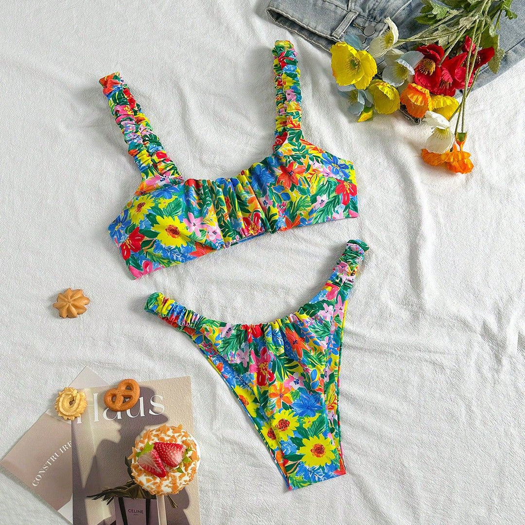 Damen Hauchdünner Floral-Bikini mit elastischen Rüschen Drune