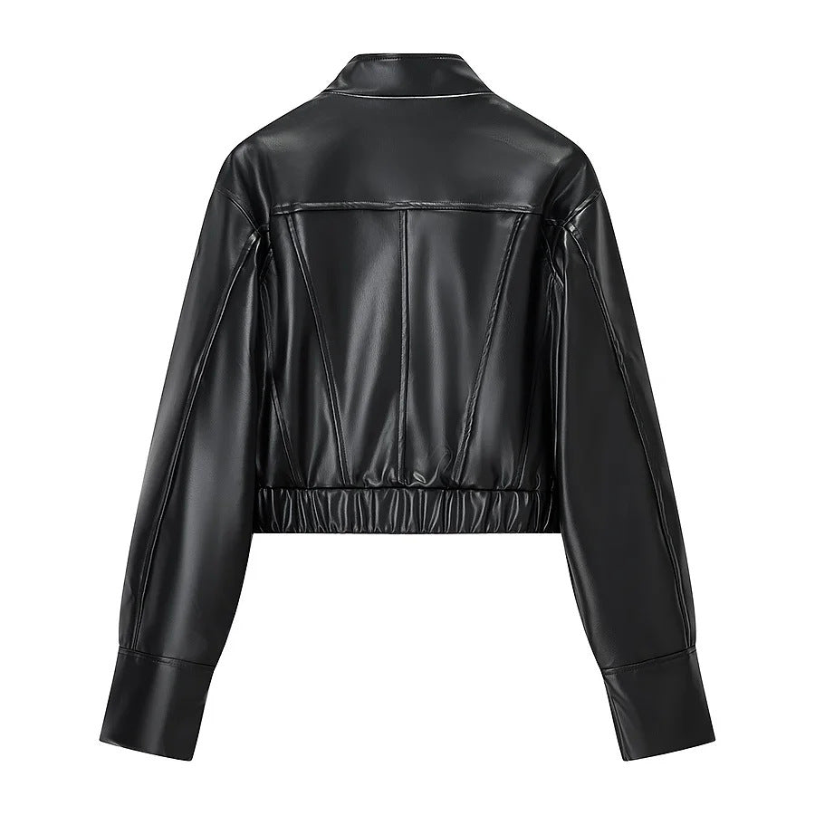 Damen nan kurze vegane Lederjacke im Cropped‑Korsettstil mit Stehkragen Drune