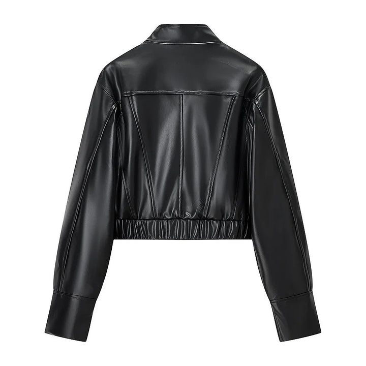 Damen nan kurze vegane Lederjacke im Cropped‑Korsettstil mit Stehkragen Drune