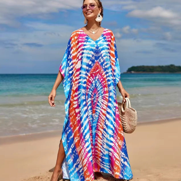 Damen Strandkleid mit buntem Batikdesign und weit geschnittenen Ärmeln Drune