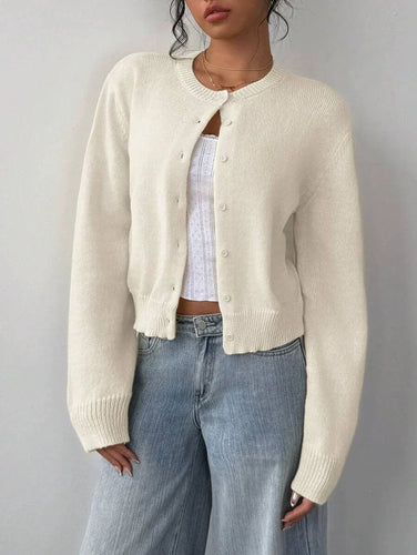 Drune | Strickjacke Pullover Weiche Strickware Cropped Fit Knopf Front Rippensaum