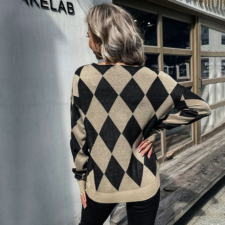 Damen Rauten-Strickpullover mit lockerem Schnitt und Rippbündchen Drune