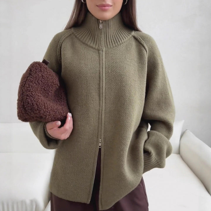 Damen Stehkragen Strickjacke mit Reißverschluss Drune