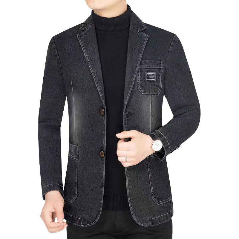 Herren Jeansblazer Slim Fit mit Aufgesetzten Taschen und Notch-Kragen Drune
