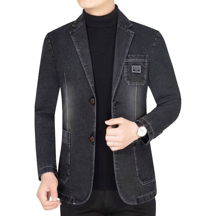 Herren Jeansblazer Slim Fit mit Aufgesetzten Taschen und Notch-Kragen Drune
