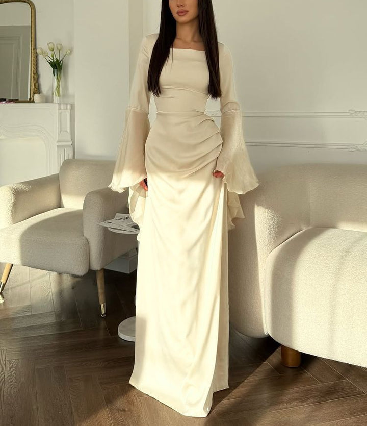 Damen Abendkleid mit Quadrat-Ausschnitt, transparenten Glockenärmeln und drapierter Taillenpartie Drune