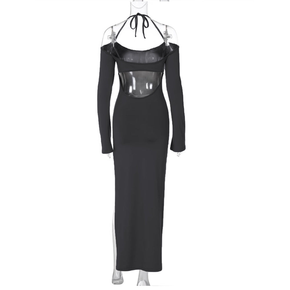 Damen langes Abendkleid mit Neckholder und schulterfreiem Bell-Ärmel, figurbetonter Taillenraffung und hohem seitlichem Beinschlitz Drune