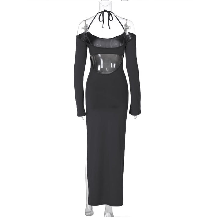 Damen langes Abendkleid mit Neckholder und schulterfreiem Bell-Ärmel, figurbetonter Taillenraffung und hohem seitlichem Beinschlitz Drune