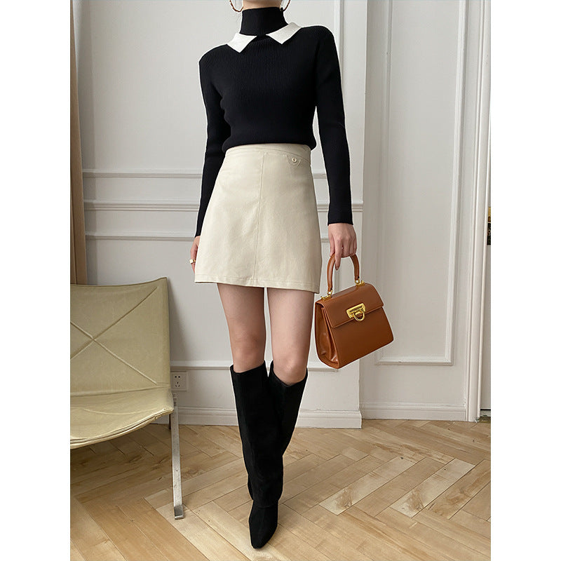 Damen Strickpullover mit Stehkragen und kontrastierendem Kragen Drune