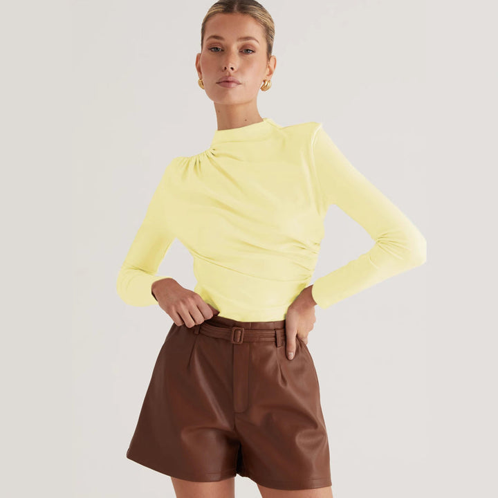 Damen Langarmshirt mit elegantem Wickeldesign und hochgeschlossenem Kragen Drune