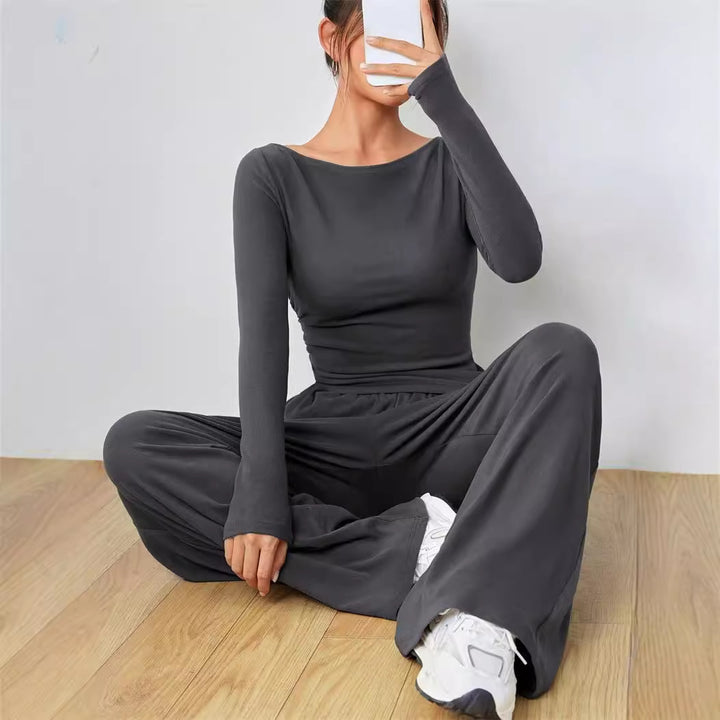Damen lässiges Zweiteiler-Set mit weitem Bein und figurbetontem Oberteil Drune