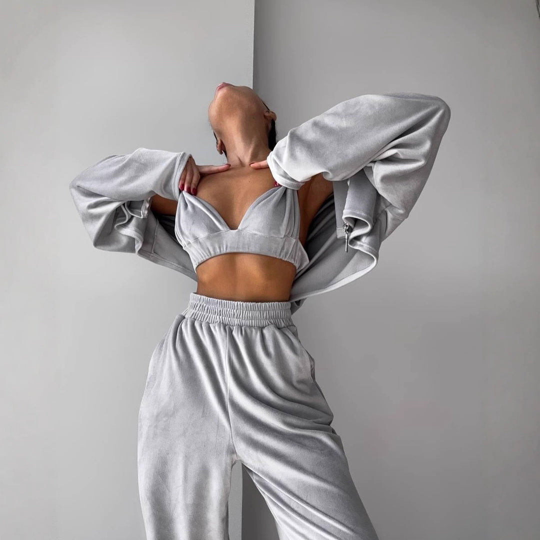 Damen kurzes Samt-Cropped-Zipshirt mit weitem High‑Waist Palazzo‑Hose Zweiteiler Drune