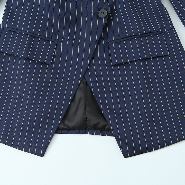 Damen Eleganter Nadelstreifen-Blazer mit asymmetrischem Revers und Pattentaschen Drune