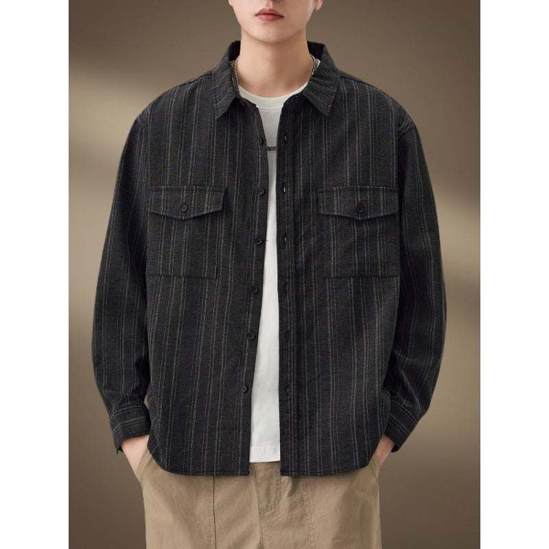 Herren Gestreiftes Hemdjacke mit Brusttaschen Drune
