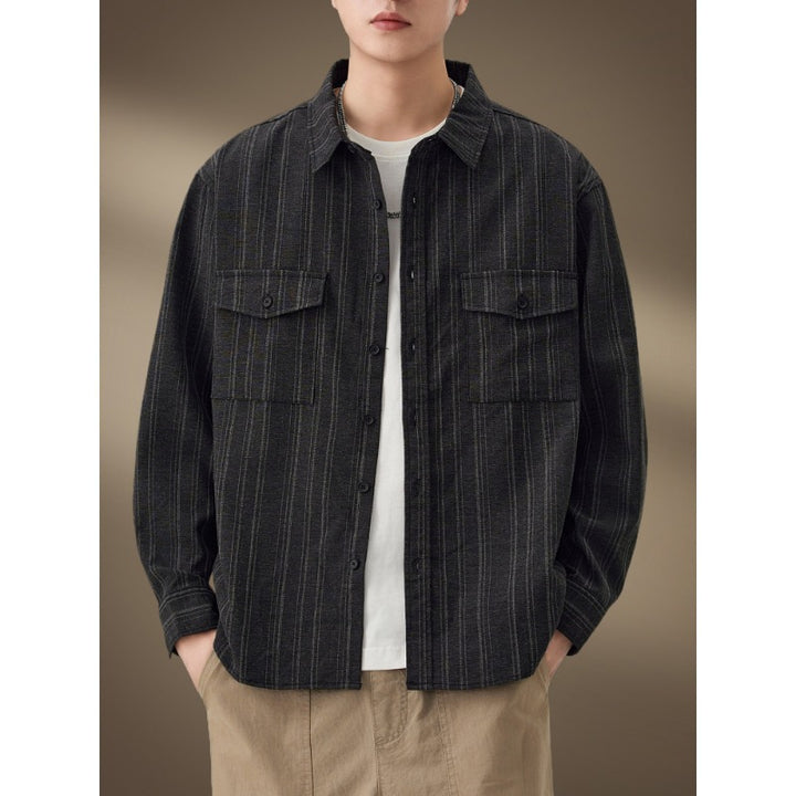 Herren Gestreiftes Hemdjacke mit Brusttaschen Drune