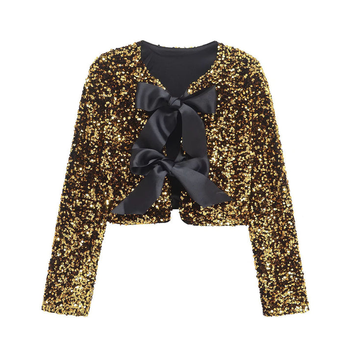 Damen nan Pailletten-Bolerojacke mit doppelschleifen-Verschluss, gefütterter Innenlage und tailliertem Cropped-Schnitt Drune