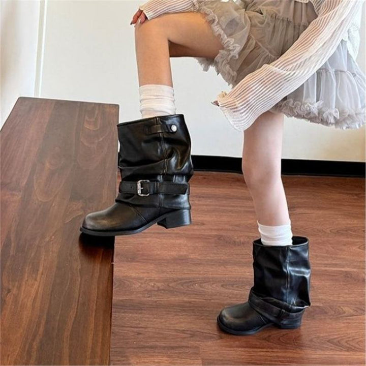 Damen Biker-Stiefel mit lässig geschlagenem Schaft, Schnallenriemen und niedrigem Blockabsatz Drune