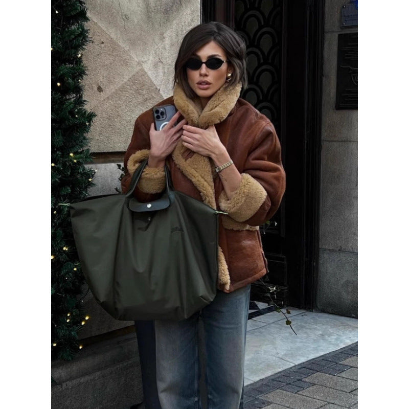 Damen Oversize Lammfell‑Optik Fliegerjacke mit voluminösem Schalkragen Drune
