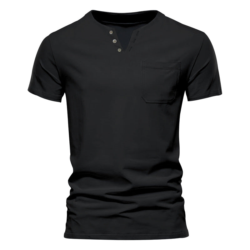 Herren nan tailliertes Kurzarm-Henleyshirt mit Brusttasche und asymmetrischer Knopfleiste Drune