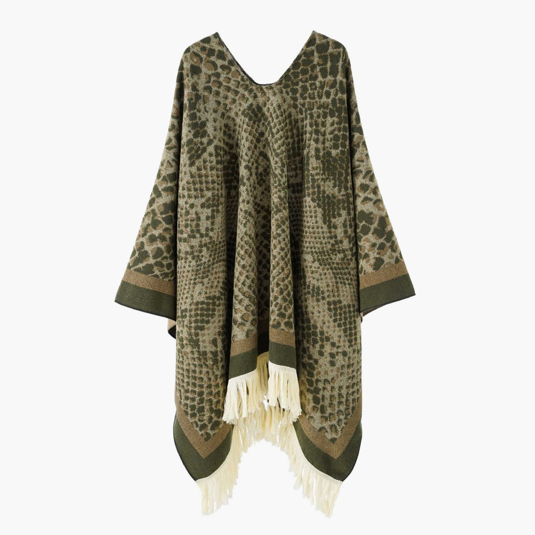 Damen Jacquard-Knitcape mit Leoparden‑Print, V‑Ausschnitt und Fransensaum Drune