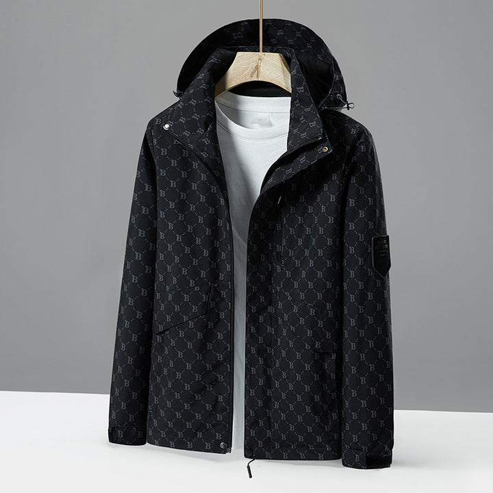 Herren leichte wasserabweisende Kapuzenjacke mit Allover‑Logomuster, winddichter Shell und praktischen Taschen Drune