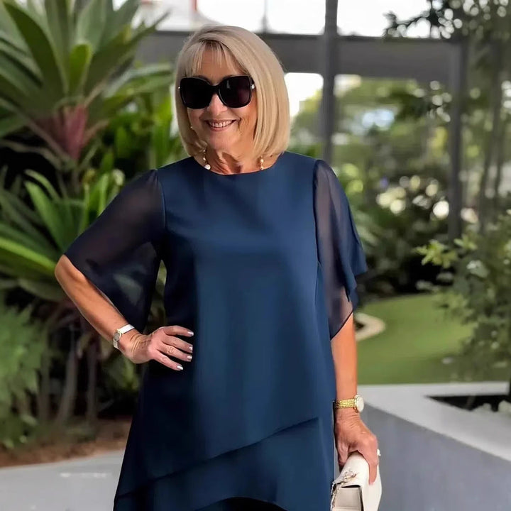 Damen elegantes Ensemble aus fließendem Oberteil und weitem Hose Drune