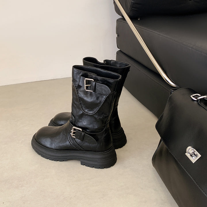 Damen Halbhohe Bikerstiefel aus Glattlederoptik mit verstellbaren Metallschnallen und profiliertem Lug‑Plateau Drune