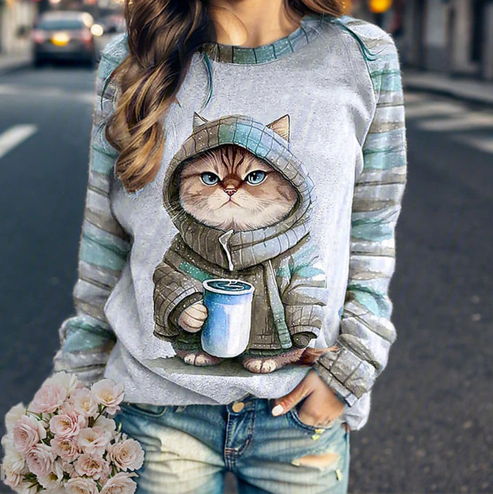 Damen nan lässiges Sweatshirt mit großem Kätzchen-Frontprint und gestreiften Raglanärmeln Drune