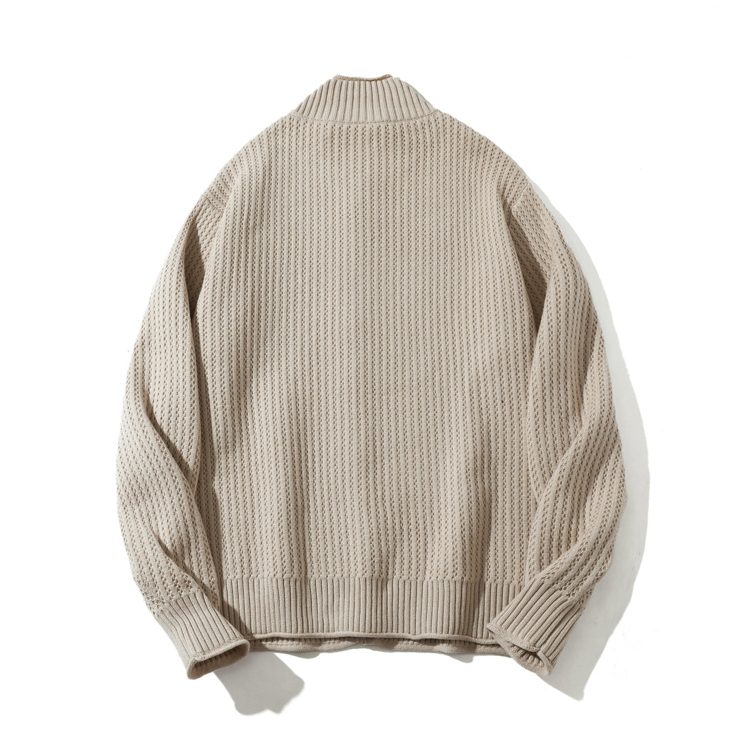 Unisex Strukturierter Zip-Pullover mit hohem Rippkragen und Perlmuster Drune
