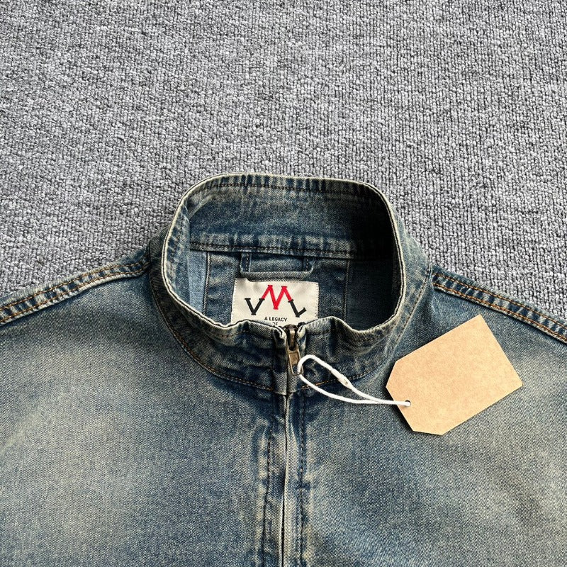 Herren Denim-Pulloverjacke im Vintage-Look mit Halbzip und Stehkragen Drune