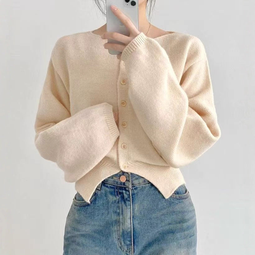 Damen Cropped Strickjacke mit Knopfleiste und oversized Ärmeln Drune