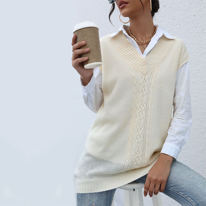 Damen Langer Strickpullunder mit Zopfmuster und V‑Ausschnitt Drune