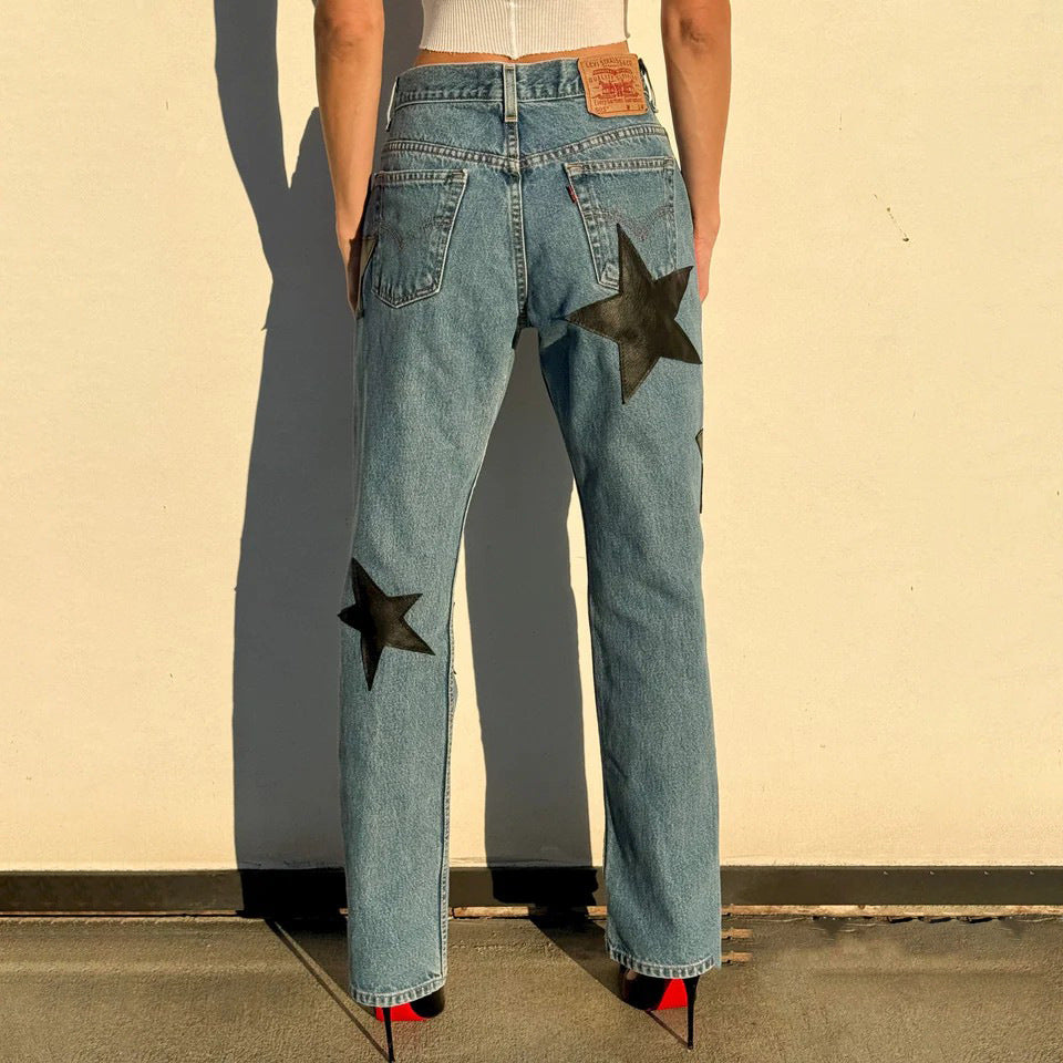 Damen Modische Jeans mit auffälligen Sternenapplikationen Drune