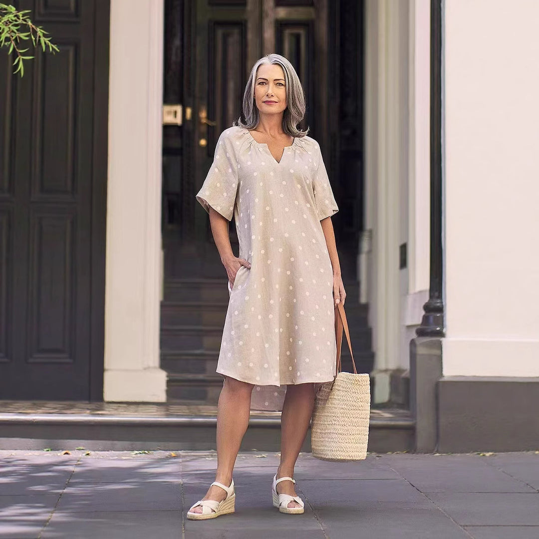 Damen nan lockeres A-Linien Leinenoptik-Kleid mit V-Ausschnitt, geraffter Schulterpartie und Eingrifftaschen Drune