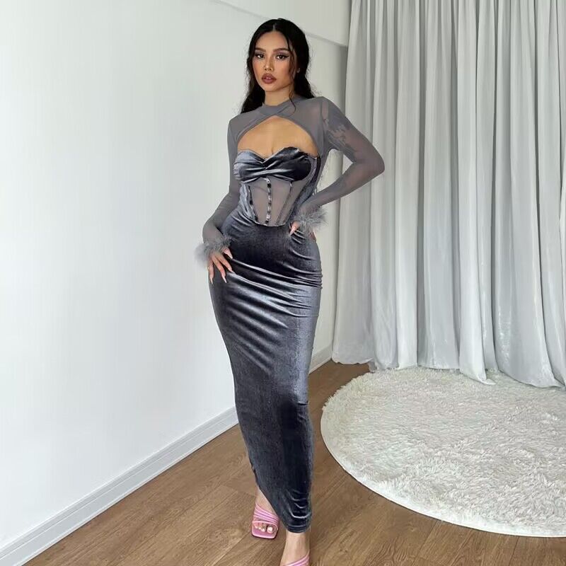 Damen figurbetontes Samt-Maxikleid mit Corsagen-Bustier und transparentem Mesh-Oberteil Drune