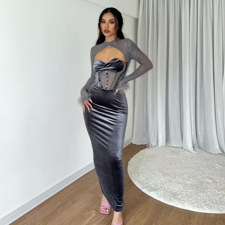 Damen figurbetontes Samt-Maxikleid mit Corsagen-Bustier und transparentem Mesh-Oberteil Drune