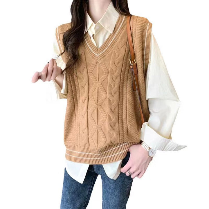 Damen Strickpullover mit V-Ausschnitt und geometrischem Zopfmuster Drune