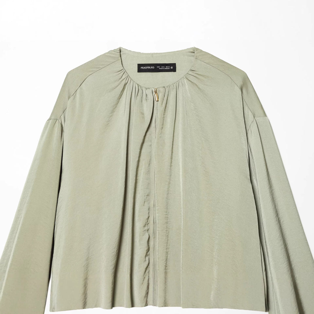 Damen nan leicht taillierte Blouson‑Jacke mit gerafftem Rundhalsausschnitt, verdecktem Reißverschluss und ballonförmigen Ärmeln Drune