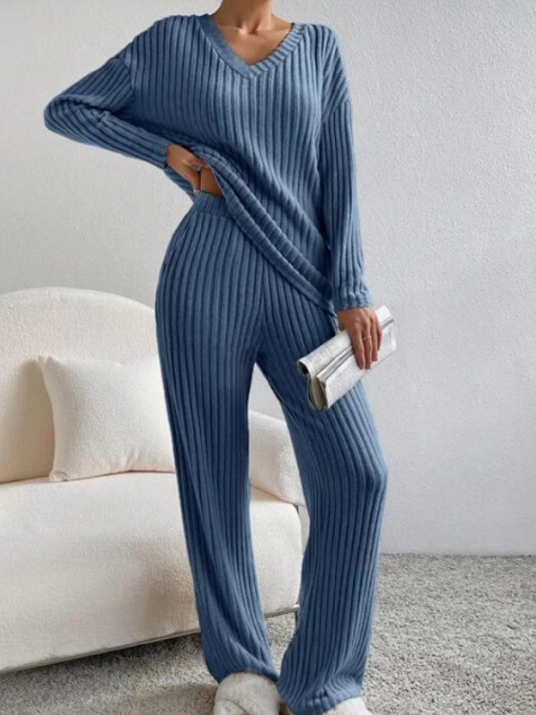 Damen lässiges Strick-Lounge-Set mit V-Ausschnitt Drune