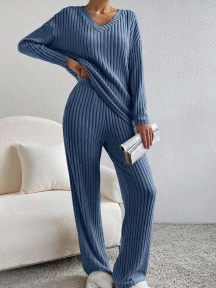 Damen lässiges Strick-Lounge-Set mit V-Ausschnitt Drune