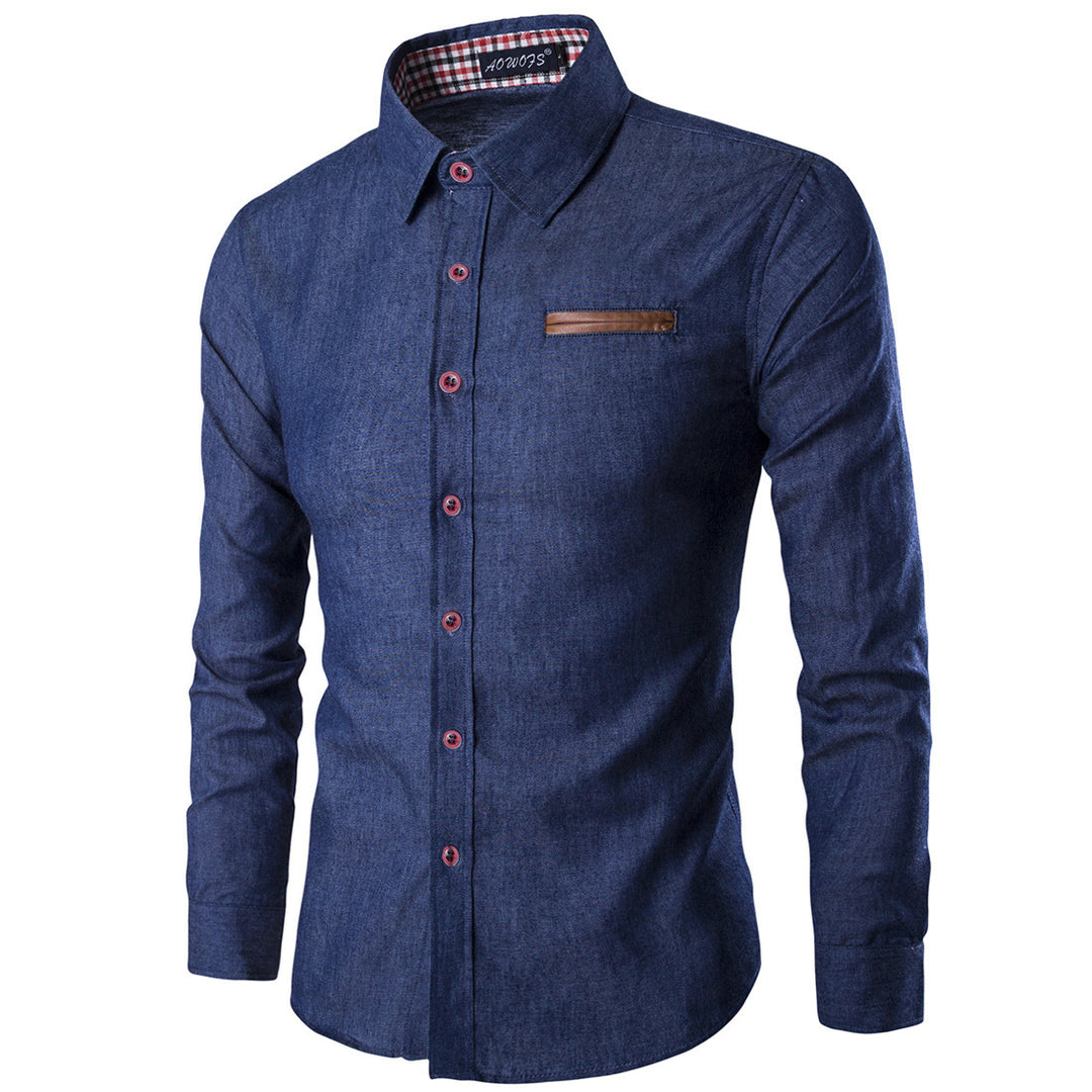 Herren Denim Langarmhemd mit kontrastierenden Knöpfen und Brusttasche Drune