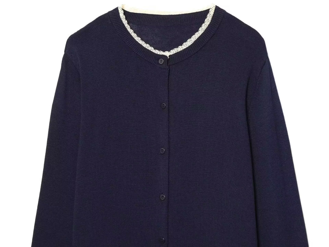 Damen Feinstrick-Cropped-Cardigan mit Spitzenbesatz und Rundhalsausschnitt Drune