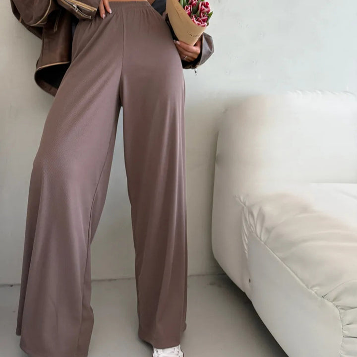 Damen weite High-Waist Palazzo-Hose aus geripptem Jersey mit elastischem Bund Drune