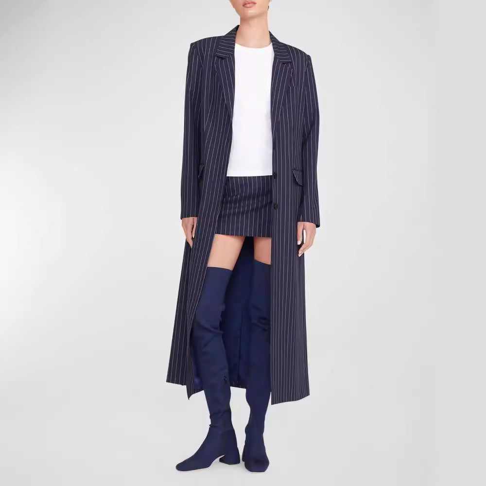 Damen Oversize Longline-Mantel im Nadelstreifen-Look mit Schlitz und Pattentaschen Drune